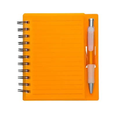Bloco de anotações laranja com caneta e suporte
