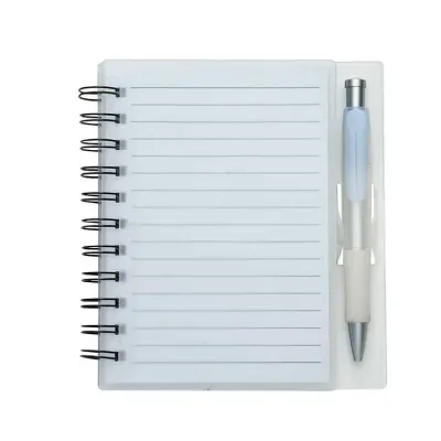 Bloco de anotações branco com caneta e suporte