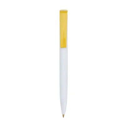 Caneta Plástica branca com clip colorido - detalhe amarelo