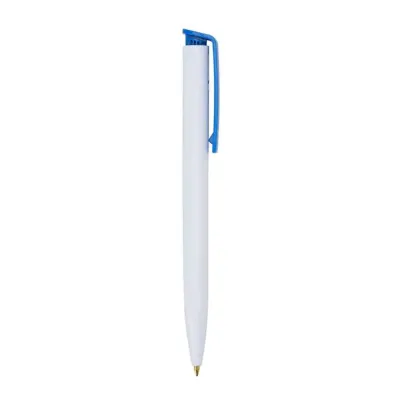 Caneta Plástica branca com clip colorido - detalhe azul