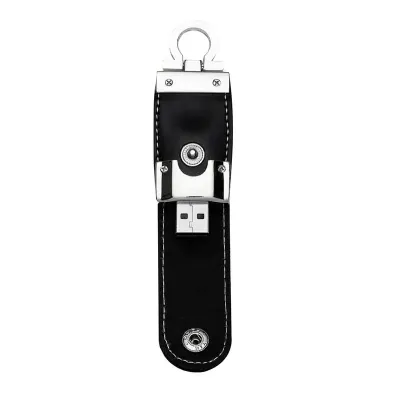 Pen drive em couro sintético com botão e detalhes prata