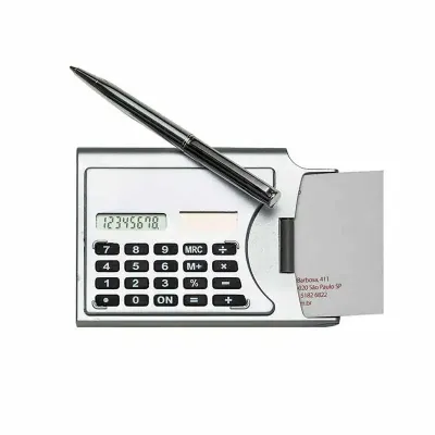 Calculadora plástica de 8 dígitos com porta-cartão e caneta.
