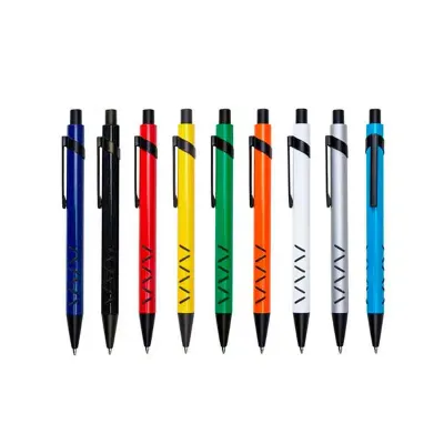 Caneta de metal em várias cores com detalhes em preto fosco