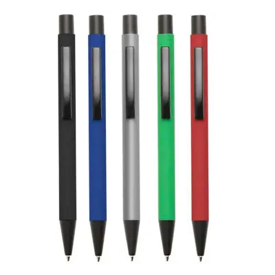 Caneta metálica com pintura fosca colorida e detalhes em preto