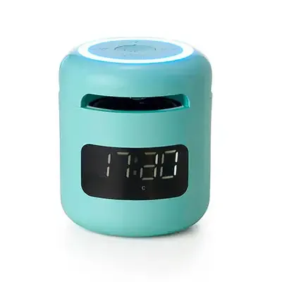 Caixa de som multimídia com relógio despertador turquesa