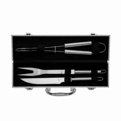 Kit Churrasco 3 peças Personalizado em maleta de alumínio com relevo. Possui: faca, garfo e pegad...
