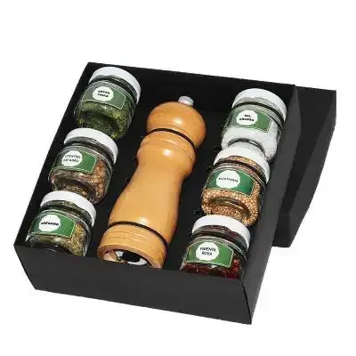 Kit tempero com moedor de temperos e 6 potes de vidro com temperos e pimentas