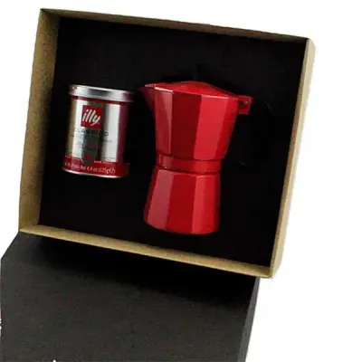 Kit café com lata de café Illy 125g e cafeteira italiana inox colorida 