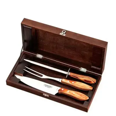 Kit churrasco 3 peças em estojo de madeira