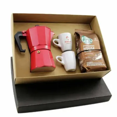 Kit Café com Cafeteira Italiana 6 doses, 2 Xícaras e Café Starbucks House Blend. Gravação na cafeteira, xícaras e tampa da caixa