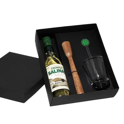 Kit caipirinha com copo de vidro, socador e mexedor e cachaça Salinas 300 ml