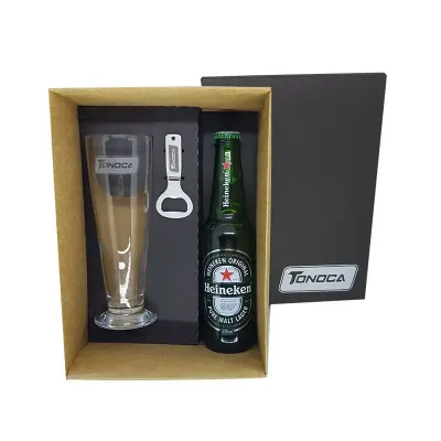 Kit Cerveja personalizado em caixa de papel, Cerveja Heineken 330ml, Copo Tulipa e Abridor. Gravação no copo, abridor e tampa da caixa.