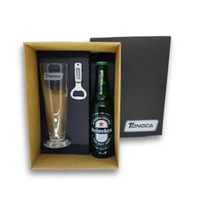 Kit Cerveja com garrafa, tulipa e abridor.