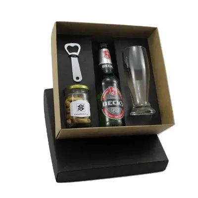 Kit cerveja Becks com taça, abridor e pote de petiscos