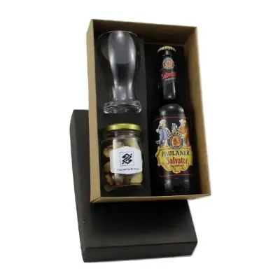 Kit cerveja Paulaner com copo e pote de petiscos