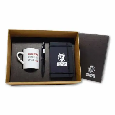 Kit boas-vindas com caderno, caneta e xícara