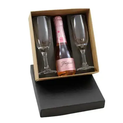 Kit espumante com duas taças de vidro em caixa de papel duplex