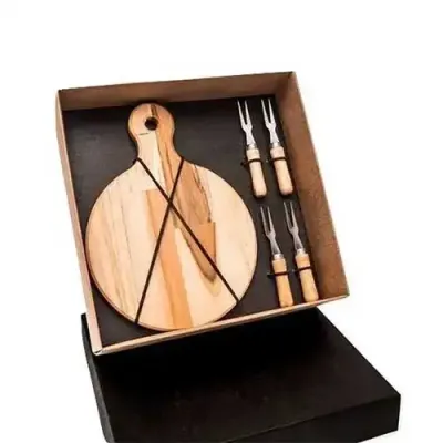 Kit queijo com tábua e 4 mini garfos de inox