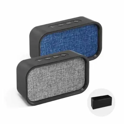 Caixas de som nas cores cinza e azul com detalhes em preto