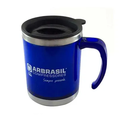 Caneca azul com tampa e capacidade de 400ml