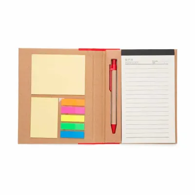 Bloco de anotações ecológico com caneta e sticky notes, material kraft. Possui uma faixa colorida...