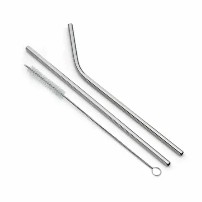 Kit com 2 canudos de aço e 1 limpador. Contém canudo reto e canudo curvado de 215mm com detalhe s...