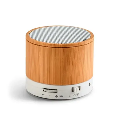Caixa de som com microfone e acabamento em bambu