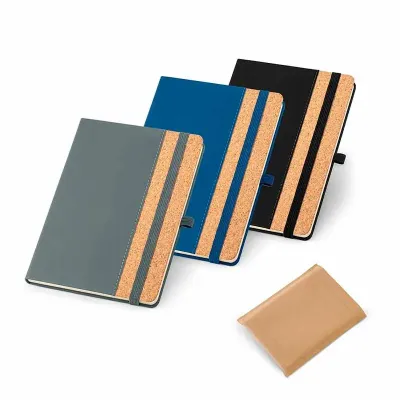 Caderno capa dura nas cores preto, cinza e azul