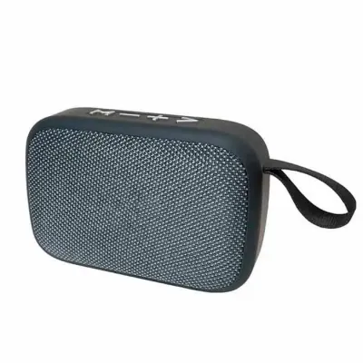 Caixa de som retangular, cinza e preta, com alça