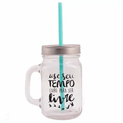 Caneca personalizada de vidro com tampa e canudo