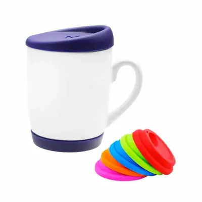 Caneca personalizada de cerâmica 325ml com base e tampa de silicone em várias cores