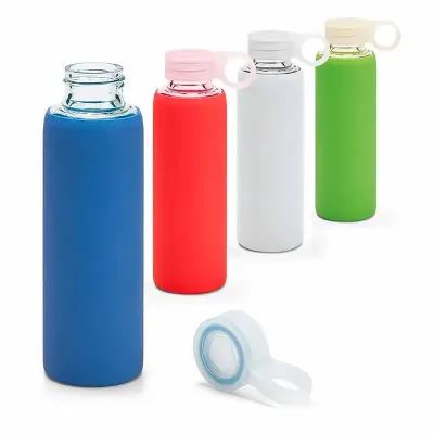 Squeeze 380ml em vidro borossilicato, tampa em PP e bolsa em silicone colorido