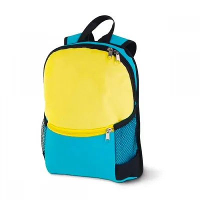 Mochila personalizada com bolso frontal com zíper e bolsos laterais em tela.