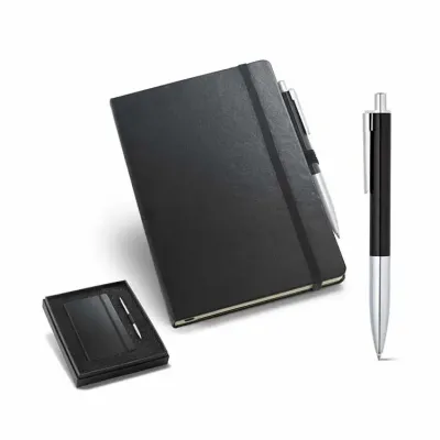 Kit de caderno A5 e esferográfica em cartão (preto)