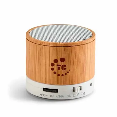 Caixa de som com microfone em bambu personalizada