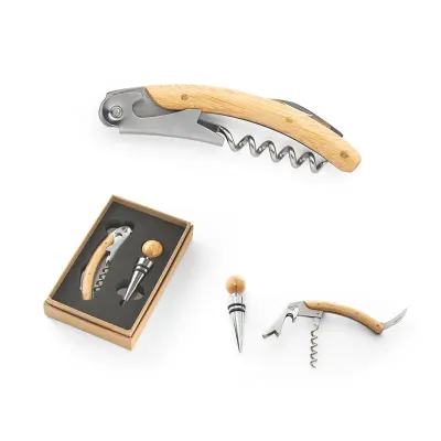 Conjunto de vinho com dois componentes em metal e bambu