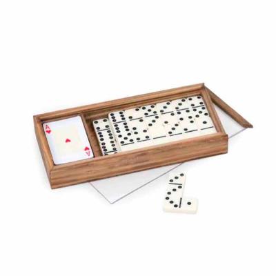 Kit jogos em caixa de madeira envelhecida com dominó e baralho