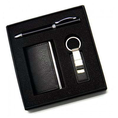Kit executivo personalizado com chaveiro, caneta e porta-cartão
