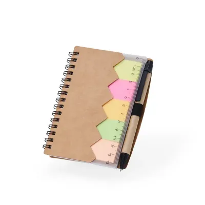 Bloco de anotações ecológico personalizado possui autoadesivos, régua e caneta