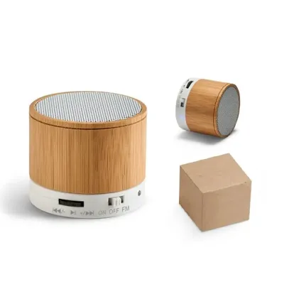 Caixa de som com microfone em bambu