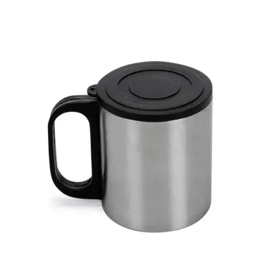 Caneca de inox com cabo e tampa em plástico resistente