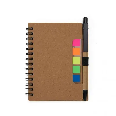 Bloco de anotações ecológico com autoadesivos e caneta de papelão