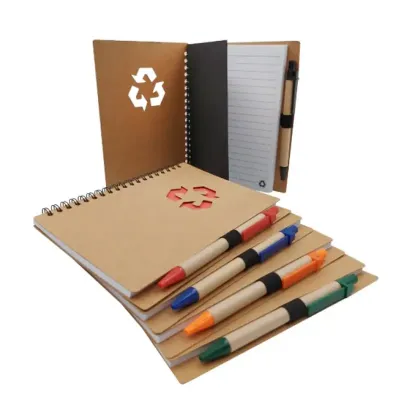 Bloco de anotação ecológico com caneta: várias cores