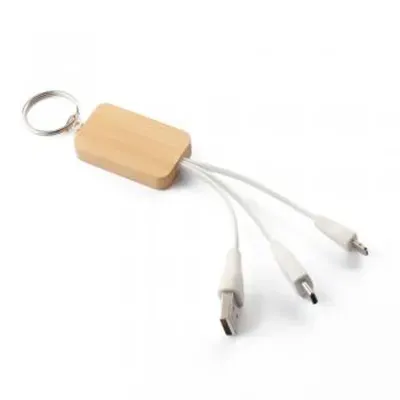 Chaveiro de capa de bambu com cabo para carregamento USB-A a lightning (Iphone) e Tipo C