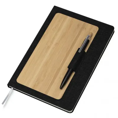 Caderno de anotações com suporte para caneta (capa feita de material reciclável e bambu)
