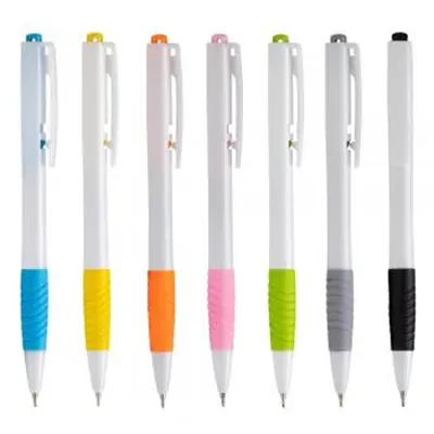Caneta plástica com detalhe emborrachado: opções de cores