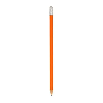 Lápis resinado na cor laranja com borracha, grafite preto e guarnição prateada