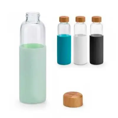 SQUEEZE EM VIDRO COM TAMPA DE BAMBU E LUVA