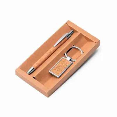 Kit esferográfica e chaveiro em cortiça personalizado
