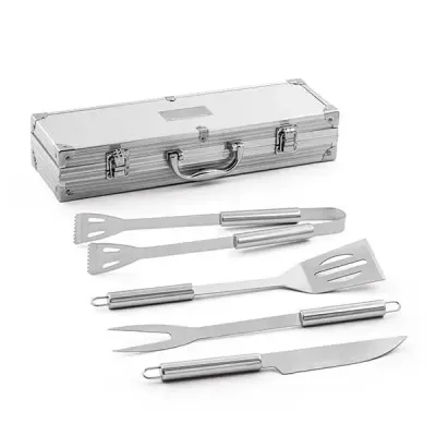 Kit churrasco. Aço inox. 4 peças em estojo de alumínio. Food grade. Estojo: 385 x 110 x 80 mm | P...